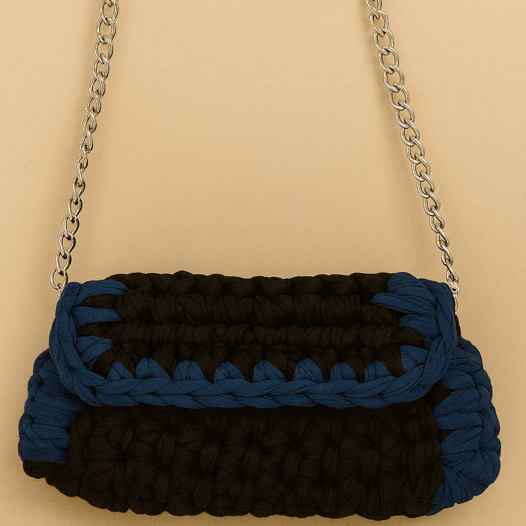 YMAN        Handmade Black & Blue Knitted Shoulder Bag with Chain Strap